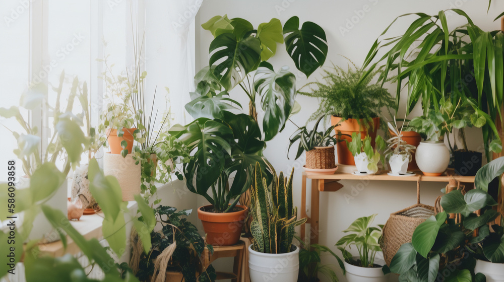 Wooden shelf with different plants on top, home jungle Wooden shelf with different plants on top, home jungle