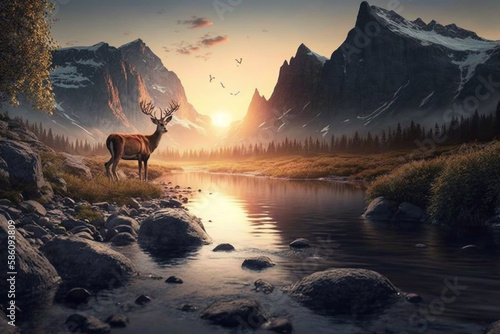 Breathtaking mountain landscape at sunset, with a deer standing in a river. It's a moment of serenity and beauty in the wild, where nature's majesty is on full display. Ai generated