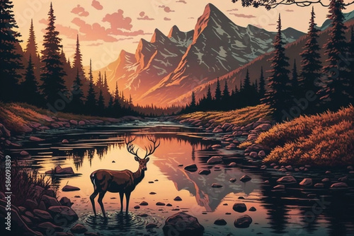 Breathtaking mountain landscape at sunset  with a deer standing in a river. It s a moment of serenity and beauty in the wild  where nature s majesty is on full display. Ai generated