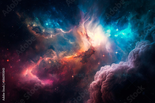 Colorful space galaxy cloud nebula. Stary night cosmos. Universe science astronomy. Supernova background wallpaper Generative AI. © VICHIZH