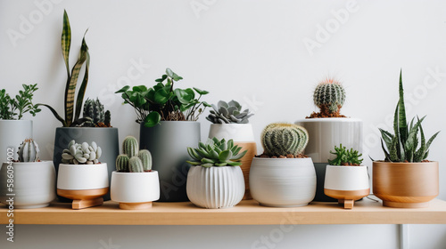 Wooden shelf with different plants on top, home jungle