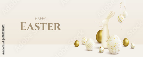Happy Easter banner background with Easter eggs and bunny.