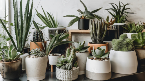 Wooden shelf with different plants on top  home jungle