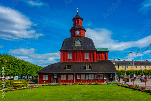 Red timber town hall in Lidköping, Sweden photo