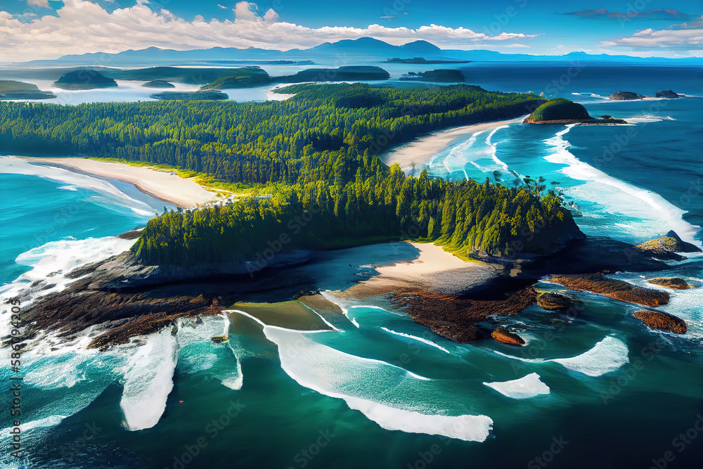 Obraz premium Aerial panoramic view of the beautiful Pacific Ocean Coast during a vibrant sunny summer day. Generative Ai