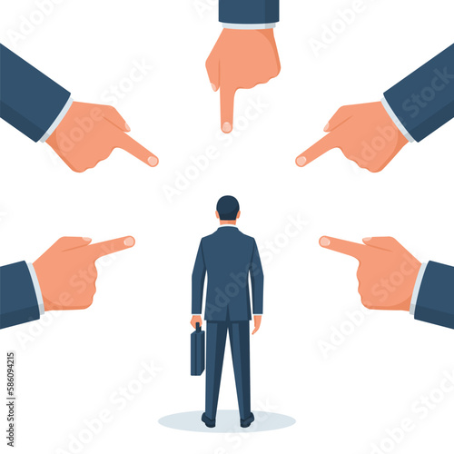 Accusation concept. Sad businessman. People point fingers at the sad person. Public victim. Vector illustration flat design. Isolated on white background. Harassment coworkers. Victim worker.
