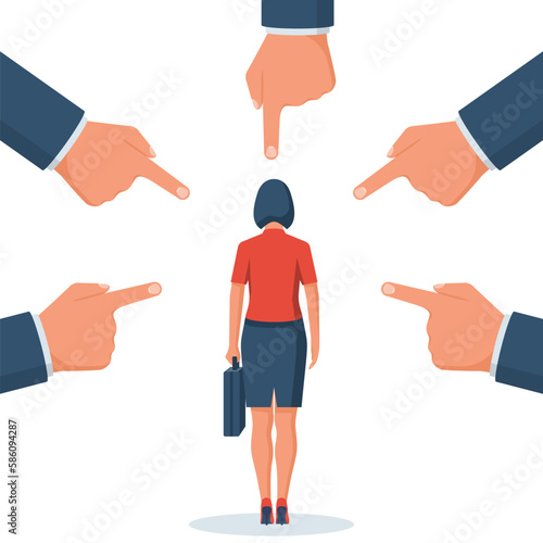 Accusation concept. Sad businesswoman. People point fingers at sad person. Public victim. Vector illustration flat design. Isolated on white background. Harassment coworkers. Victim worker.