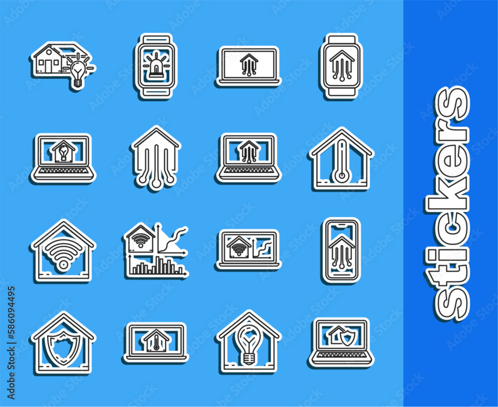 Set line Laptop with house under protection, Mobile phone smart home, House temperature, Smart, and light bulb, and icon. Vector Set line Laptop with house under protection, Mobile phone smart home, House temperature, Smart, and light bulb, and icon. Vector