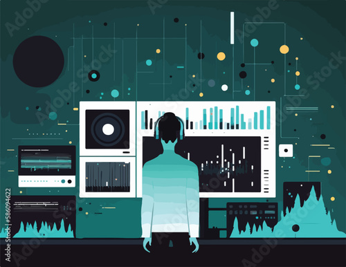 AI and neural network music composition program. Artificial Intelligence musicians and composers to write songs. Flat vector illustration concept. Generative AI 