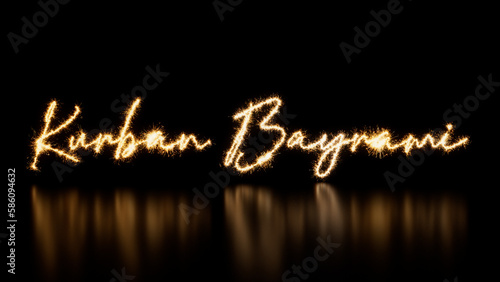 Kurban Bayrami Caption written in Sparkler Firework Text. Gold and Black Holiday Banner with copy space. photo