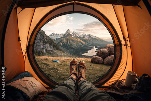 Beautiful scenery as viewed from inside a cozy tent, with feet sticking out and a cup of hot beverage in hand. Ai generated photo