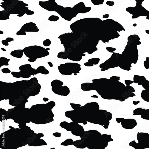 Cow skin old dirty grunge texture, black and white spot, seamless hand drawn pattern. Animal print. Vector stains monochrome background