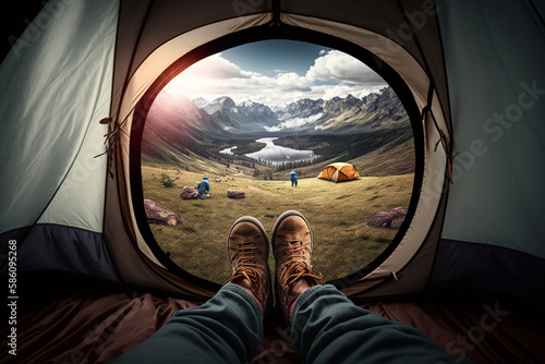 Beautiful scenery as viewed from inside a cozy tent, with feet sticking out and a cup of hot beverage in hand. Ai generated