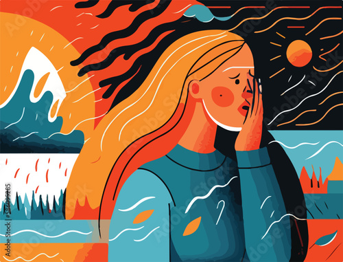 Climate anxiety and crisis. Perfect for illustrating psychological distress and the effect because of natural disasters, forest fires, and global warming issues. Eco concept. Generative AI