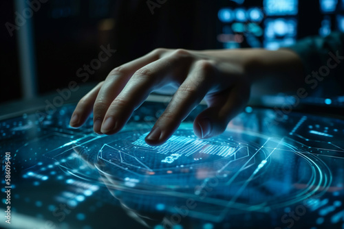 This illustration features a hand next to a futuristic touch screen, exploring information and discovering new possibilities. Ai generated