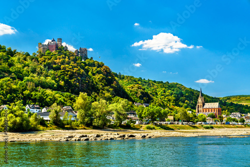 Schoenburg Castle and Church on the Rhine riverside in Oberwesel, Germany photo