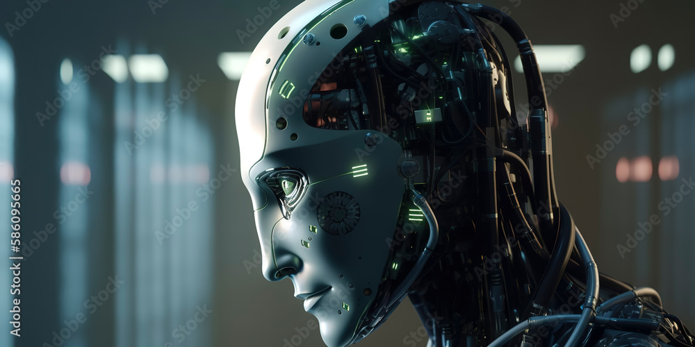 AI robot in the midst of matrix code madness. Generative AI AI robot in the midst of matrix code madness. Generative AI