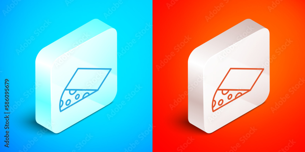 Isometric line Cheese icon isolated on blue and red background. Silver square button. Vector Isometric line Cheese icon isolated on blue and red background. Silver square button. Vector