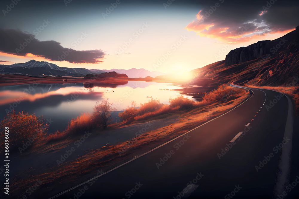 Lake and road landscape sunset background. Generative ai.