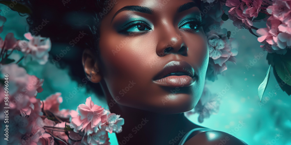 Iridescent Black Beauty: Celestial Peach Blossom Inspired Editorial. Generative AI Iridescent Black Beauty: Celestial Peach Blossom Inspired Editorial. Generative AI