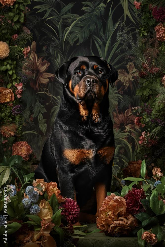 Obraz premium Florals and a Loyal Rottweiler: Stunning Photography of Nature's Beauty. Generative AI