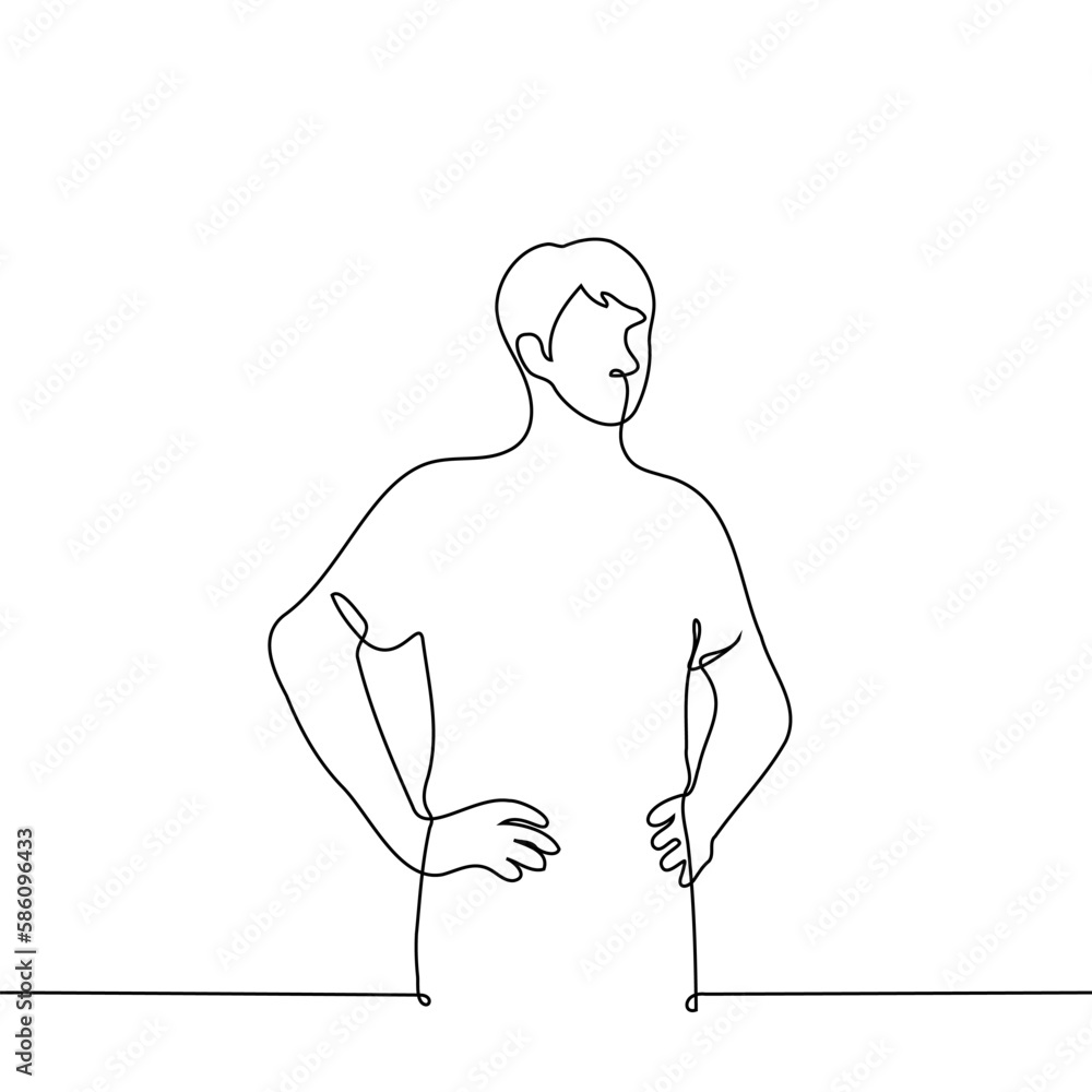 man stands with his hands on his hips - one line drawing vector ...