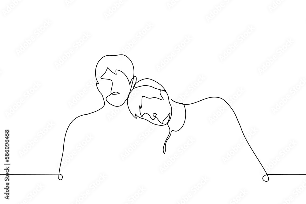 man put his head on the shoulder of a sitting man next to him - one line drawing vector. the concept of friendship, support, skinship man put his head on the shoulder of a sitting man next to him - one line drawing vector. the concept of friendship, support, skinship