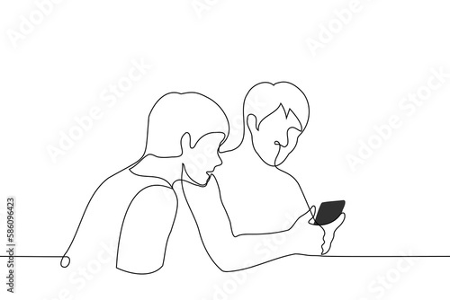 man looks into a stranger's phone - one line drawing vector. concept peek into someone else's phoneman looks into a stranger's phone - one line drawing vector. concept peek into someone else's phone
