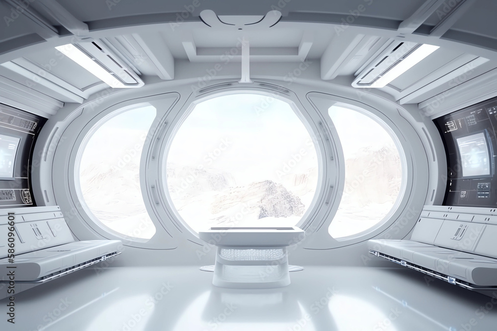 White and clean spaceship interior with view on planet mountains. 3D rendering style of a spaceship interior.