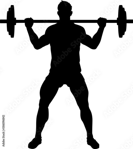 A weight lifting muscle man or bodybuilder weightlifting weights in silhouette