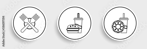 Set line Paper glass with drinking straw and donut, Crossed fork and burger icon. Vector