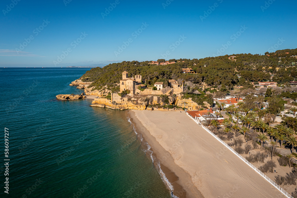 Aerial View over Tamarit beach, Costa Dorada, Tarragona, Spain
