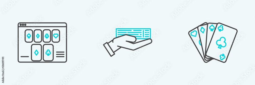 Set line Playing cards, Online poker table game and Hand holding deck of playing icon. Vector Set line Playing cards, Online poker table game and Hand holding deck of playing icon. Vector