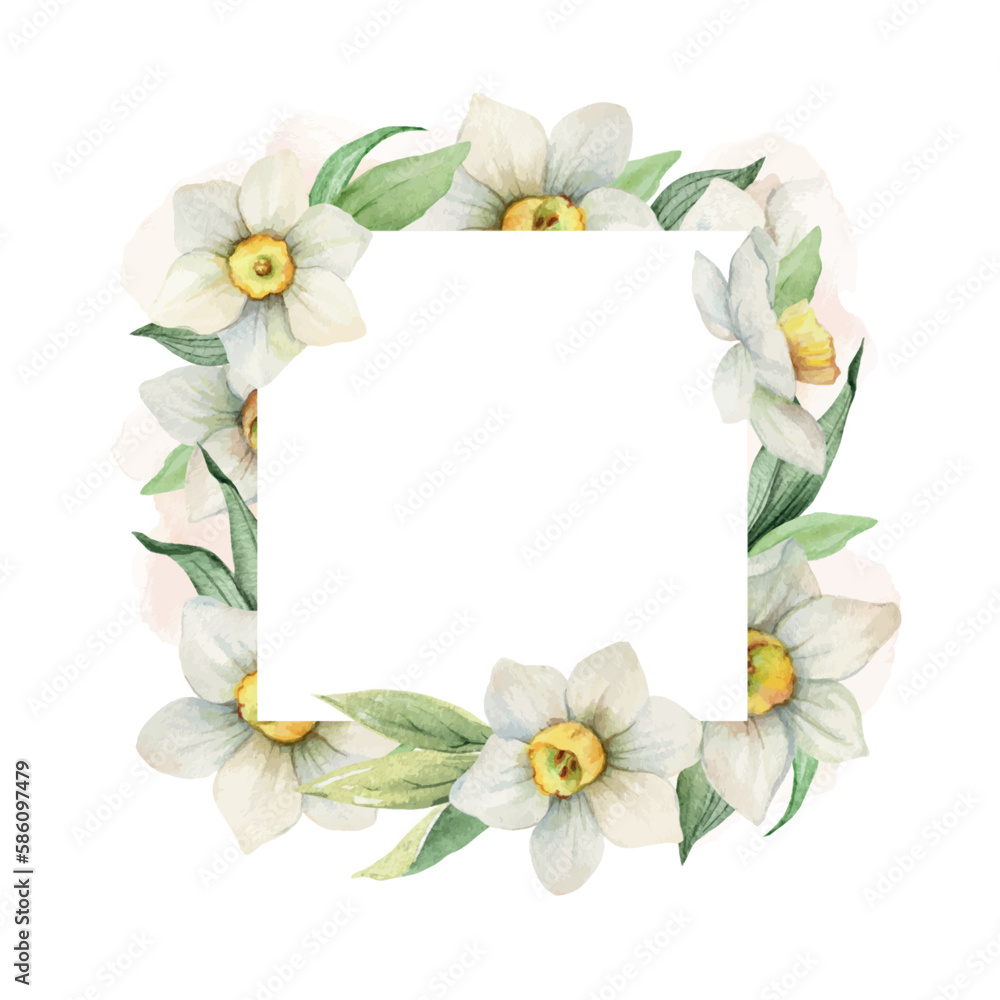 Watercolor vector flower frame with white flowers and greenery.