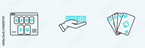 Set line Playing cards, Online poker table game and Hand holding deck of playing icon. Vector