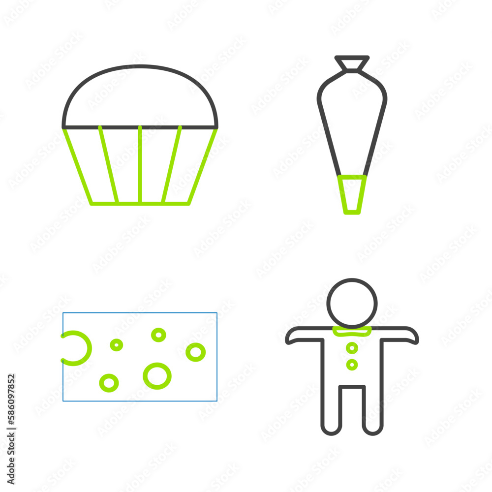 Set line Holiday gingerbread man cookie, Cheese, Pastry bag for decorate cakes and Muffin icon. Vector Set line Holiday gingerbread man cookie, Cheese, Pastry bag for decorate cakes and Muffin icon. Vector