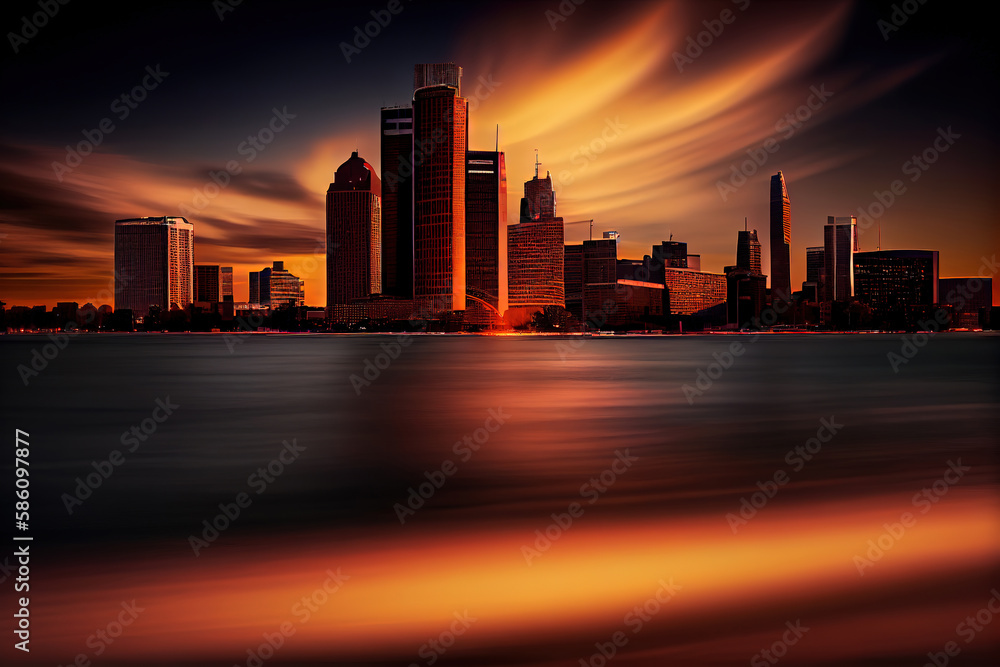 Detroit skyline at night. Generative Ai