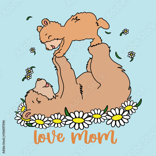 Love mom bear mother's day , mom bear and baby with Flowers on light blue background. EPS. File vector illustration character design baby bear with happy mom for mother day Doodle cute cartoon style