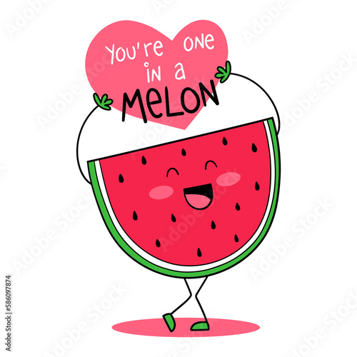 Illustration of a piece of watermelon holding a heart with the phrase your'e one in a melon, design for t-shirt