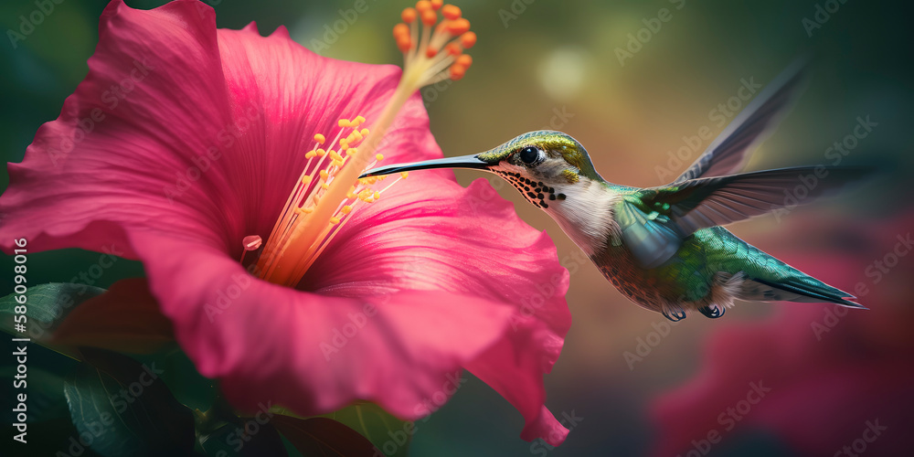 Tropical Paradise: Hummingbird Feeding on Hibiscus Flower - Beautiful Photography of Wildlife. Generative AI - obrazy, fototapety, plakaty 