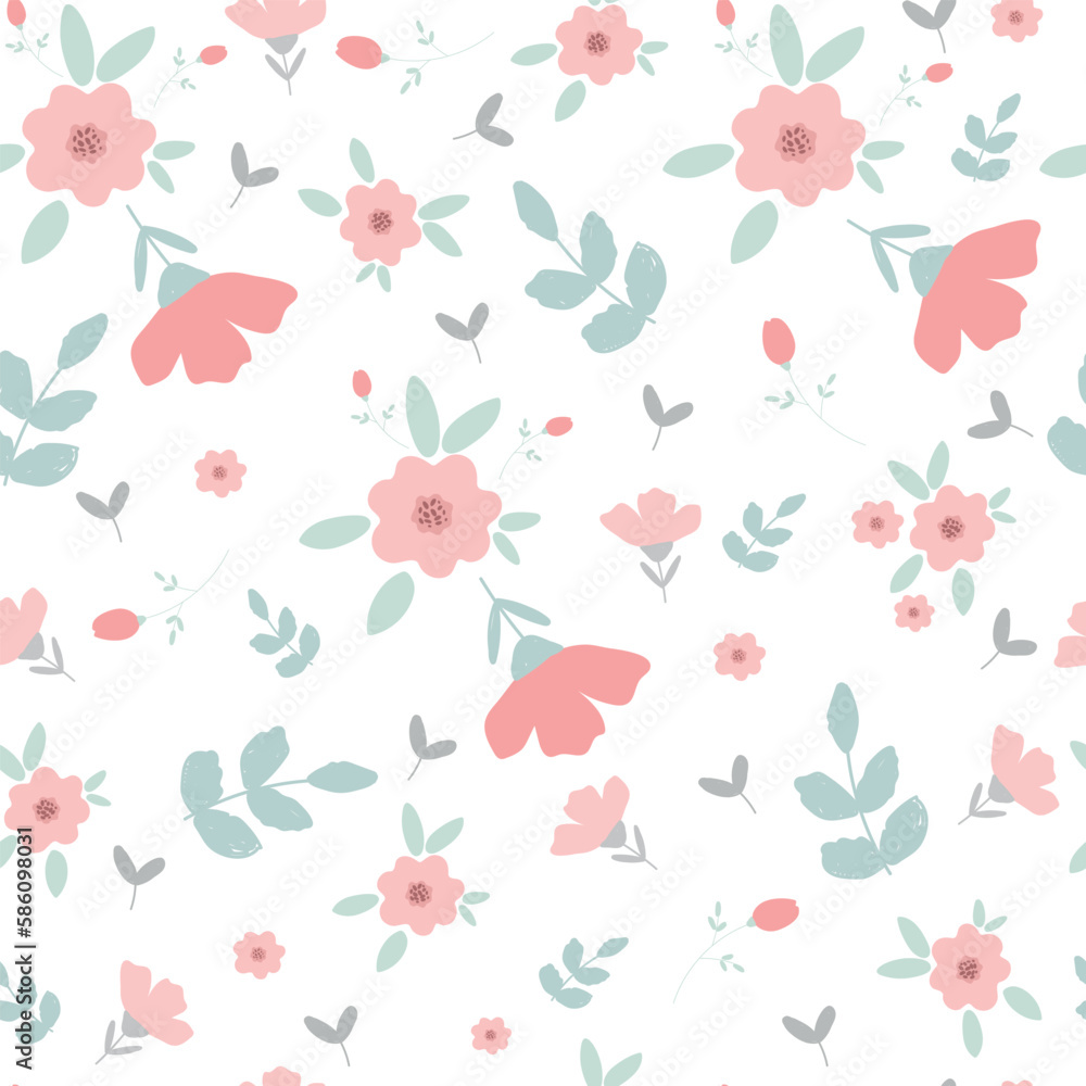 Cute gardener and spring flowers seamless pattern, vector illustration, simple girl graphics, kids fashion artworks, greeting, birthday and invitation cards, children prints.