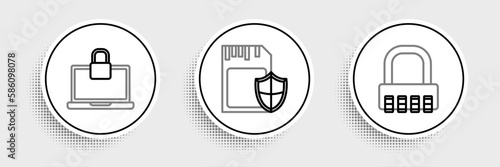 Set line Safe combination lock, Laptop and and SD card shield icon. Vector