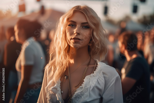 Gorgeous Festival Beauty: Beautiful Woman at Music Festival - Vibrant Photography. Generative AI