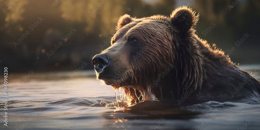 Majestic Bear: Beautiful Photography of a Bear Captured in a River. Generative AI