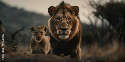 Majestic Lion: Beautiful Photography of a Big Lion and Cub from the Front. Generative AI © Lemart