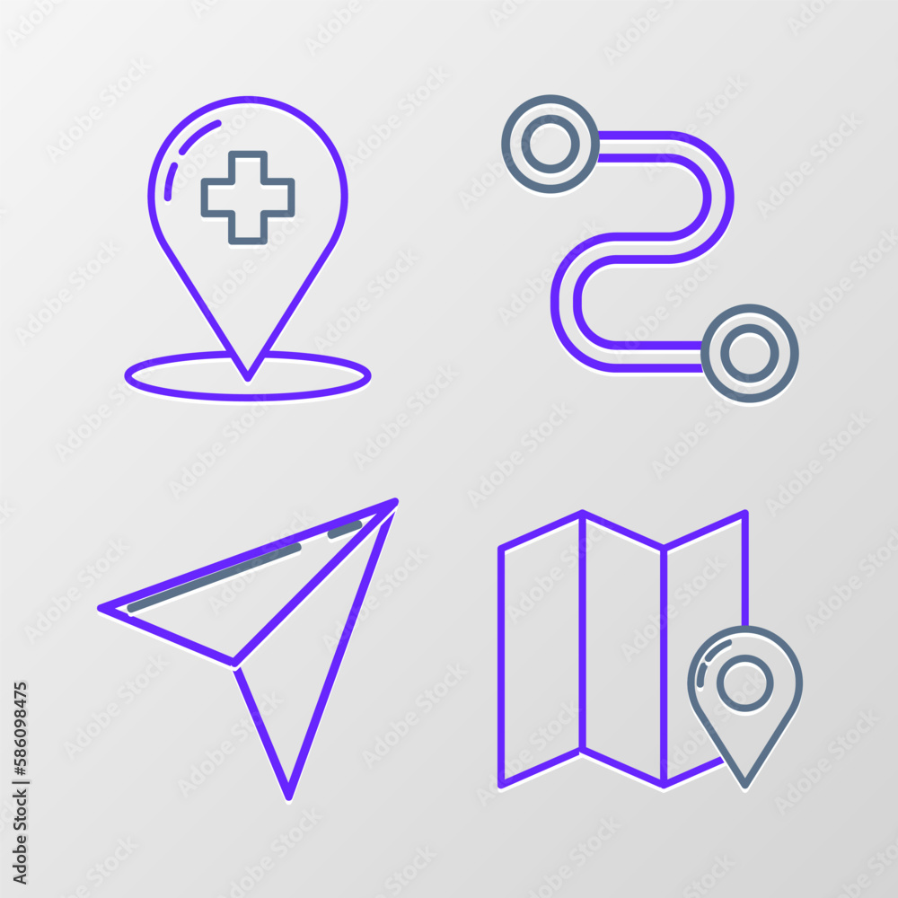 Set line Folded map with location marker, Paper airplane, Route and Location the globe icon. Vector Set line Folded map with location marker, Paper airplane, Route and Location the globe icon. Vector