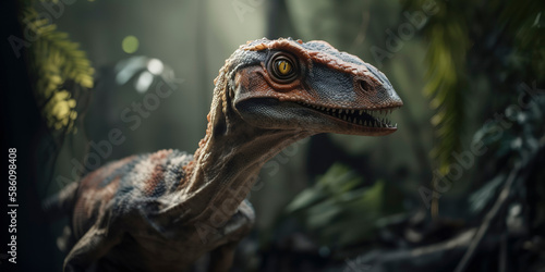 The Raptor Roars  Beautiful Photography of a Velociraptor in the Jungle. Generative AI