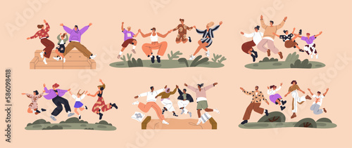 Happy families jumping from joy  fun. Funny joyful parents and kids together. Active excited mothers  fathers  children laughing  positive emotions. Isolated flat graphic vector illustrations set
