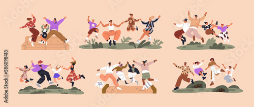 Happy families jumping from joy, fun. Funny joyful parents and kids together. Active excited mothers, fathers, children laughing, positive emotions. Isolated flat graphic vector illustrations set