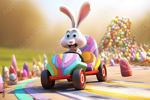 Easter bunny in a pedal car, generative AI